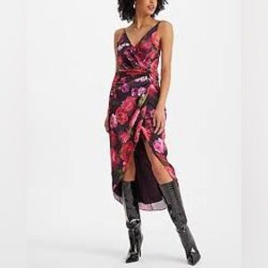 Express Floral Satin Hi Lo Twist Waist Midi Dress Medium
